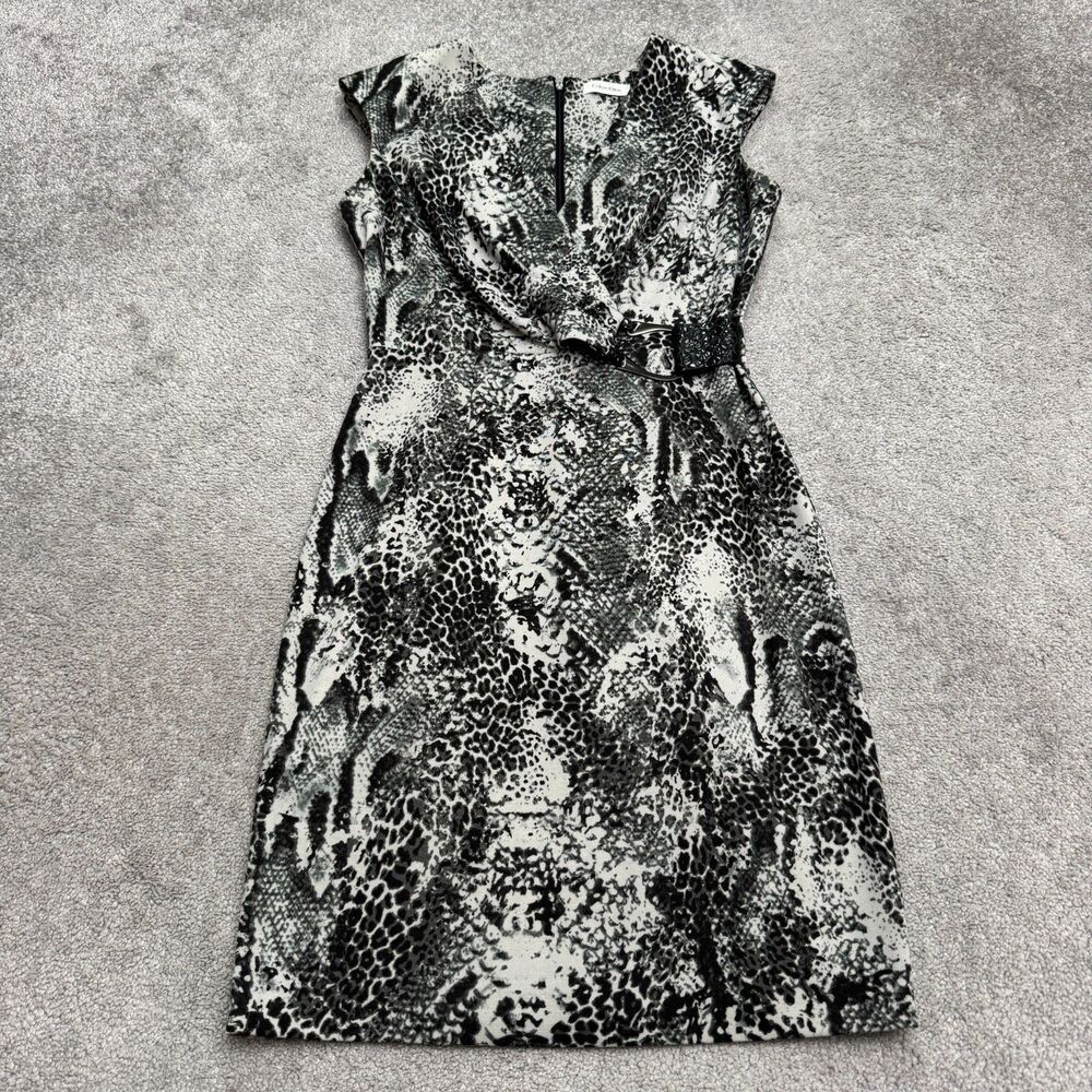Calvin Klein Snakeskin Print Belted Sheath Dress Womens 6 Grey Black Cap Sleeve